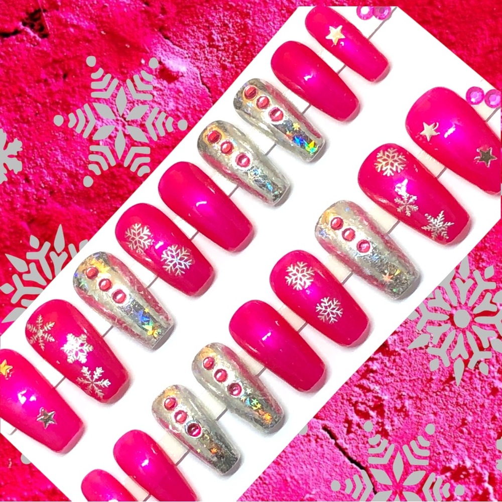 Handmade Custom Press On Nails  Medium Length Coffin Pink & Silver Winter Nails